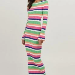 Charlie Holiday Martina Multi Stripe LS Midi Knit Dress Fashion