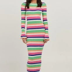Charlie Holiday Martina Multi Stripe LS Midi Knit Dress Fashion
