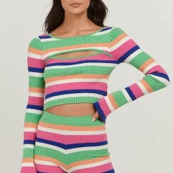 Charlie Holiday Martina Multi Stripe Open Front LS Knit Top Fashion