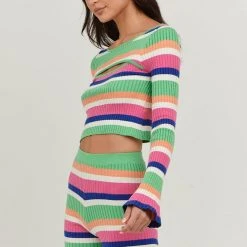 Charlie Holiday Martina Multi Stripe Open Front LS Knit Top Fashion