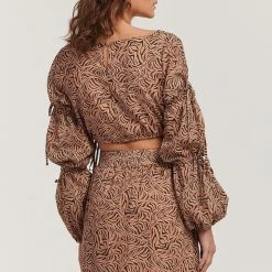 Charlie Holiday Whitney Crop Brown Abstract Animal LS Blouse Fashion