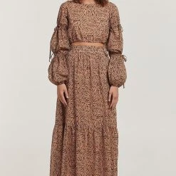 Charlie Holiday Whitney Crop Brown Abstract Animal LS Blouse Fashion