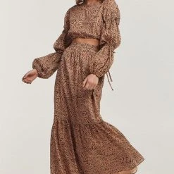 Charlie Holiday Whitney Abstract Brown Animal Tiered Maxi Skirt Fashion
