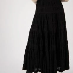 Ivy + Jack Charming Black Cotton Shirred Waist Tiered Maxi Skirt