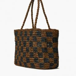 Brie Leon Check Small Walnut Black Straw Raffia Woven Tote