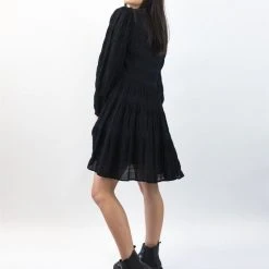 Ivy + Jack Fashion Bella Black Shirred Cotton LS Tiered Mini Dress