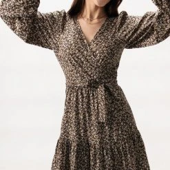 Among The Brave Full Of Life Black Ditsy Floral LS Balloon Sleeve Wrap Tiered Mini Dress Fashion