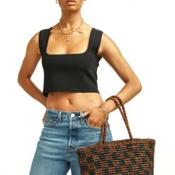 Brie Leon Check Small Walnut Black Straw Raffia Woven Tote 7 Brie Leon Check Small Walnut Black Straw Raffia Woven Tote