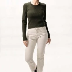 Among The Brave Inspired Dark Khaki LS Rib Knit Crew Neck Top Fashion