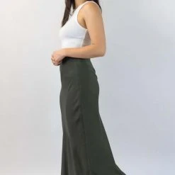 Ivy + Jack Fashion Ivy Khaki Washer Satin Midi Bias Skirt