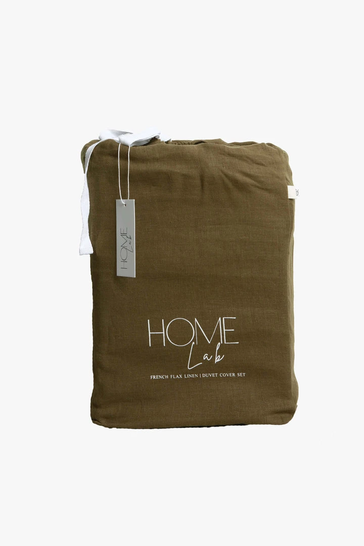 Home Lab 100% French Linen Duvet Cover Set Queen Khaki 3 Home Lab 100% French Linen Duvet Cover Set Queen Khaki