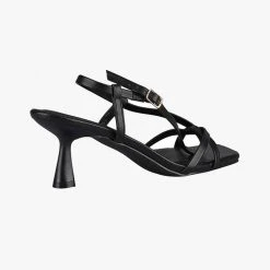 St Sana Layla Strappy Low Stiletto Black Vegan Leather Heel