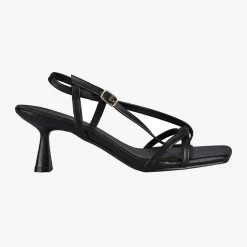 St Sana Layla Strappy Low Stiletto Black Vegan Leather Heel