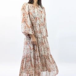 Ivy + Jack Naomi Sand Floral Blouson LS Tiered Maxi Dress Fashion