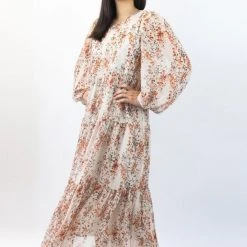 Ivy + Jack Naomi Sand Floral Blouson LS Tiered Maxi Dress Fashion