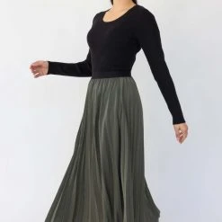 Ivy + Jack Fashion Radiant Khaki Washer Satin Pleated Midi Skirt