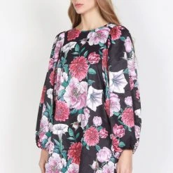 Federation Runaway Silky Satin LS Black Floral Mini Dress