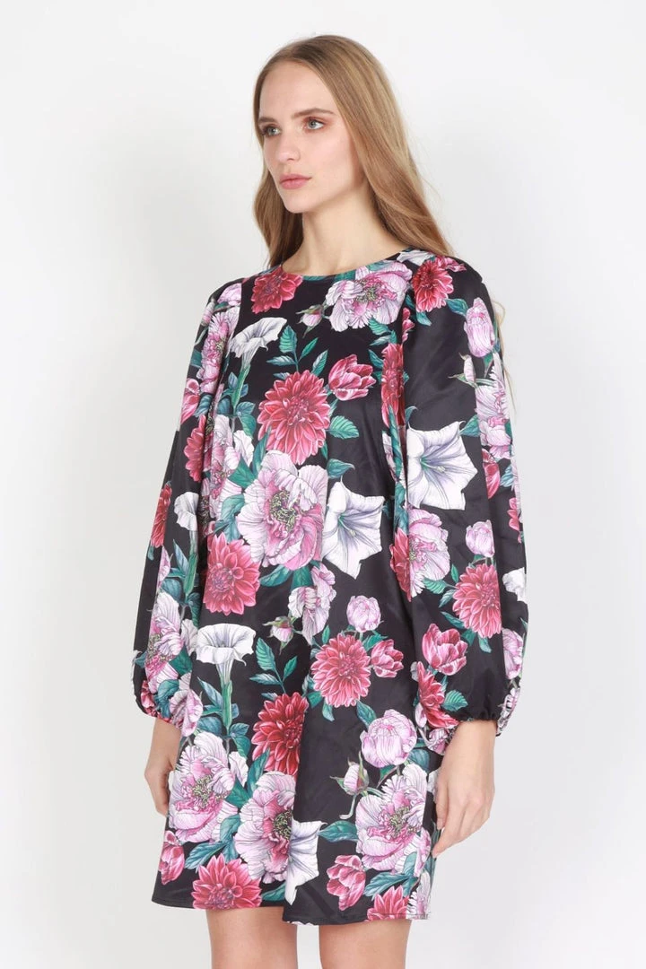 Federation Runaway Silky Satin LS Black Floral Mini Dress 3 Federation Runaway Silky Satin LS Black Floral Mini Dress