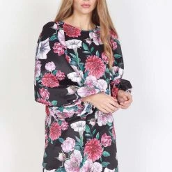 Federation Runaway Silky Satin LS Black Floral Mini Dress 8 Federation Runaway Silky Satin LS Black Floral Mini Dress