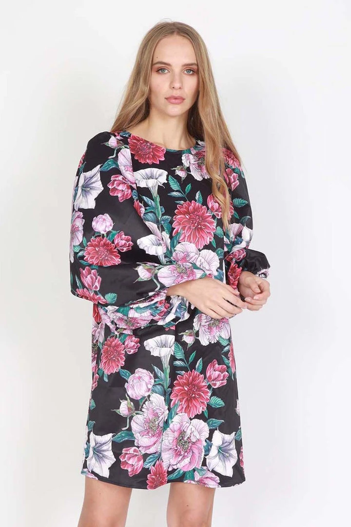 Federation Runaway Silky Satin LS Black Floral Mini Dress 5 Federation Runaway Silky Satin LS Black Floral Mini Dress
