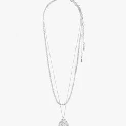 Pilgrim Nomad Double Chain Coin Pendant Necklace Silver