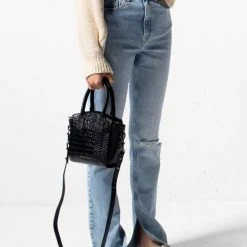 Status Anxiety Worst Behind Us Black Croc Embossed Leather Bag