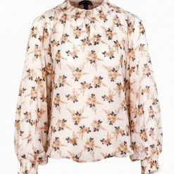 Among The Brave Fashion Surreal Peach Floral LS Shirred Puff Sleeve High Neck Top