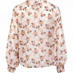 Among The Brave Fashion Surreal Peach Floral LS Shirred Puff Sleeve High Neck Top
